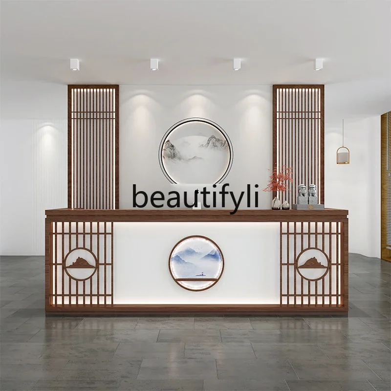 

A17 New Chinese front desk bar checkout page store small solid wood counter reception desk
