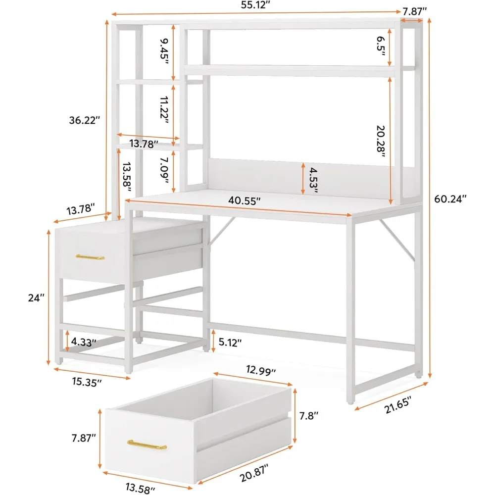 55 Inch Computer Desk with 2 Drawers, Storage Shelves, Hutch, Modern Study Writing Gaming Desk