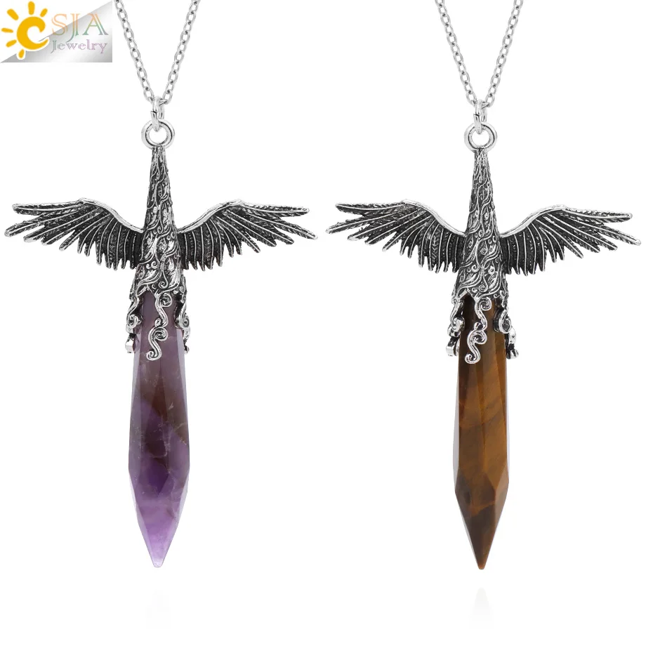 CSJA Reiki Crystal Angel Wings Necklace Energy Healing Natural Stone Amethyst Pendant Amulet Jewelry Gift for Women Men H806