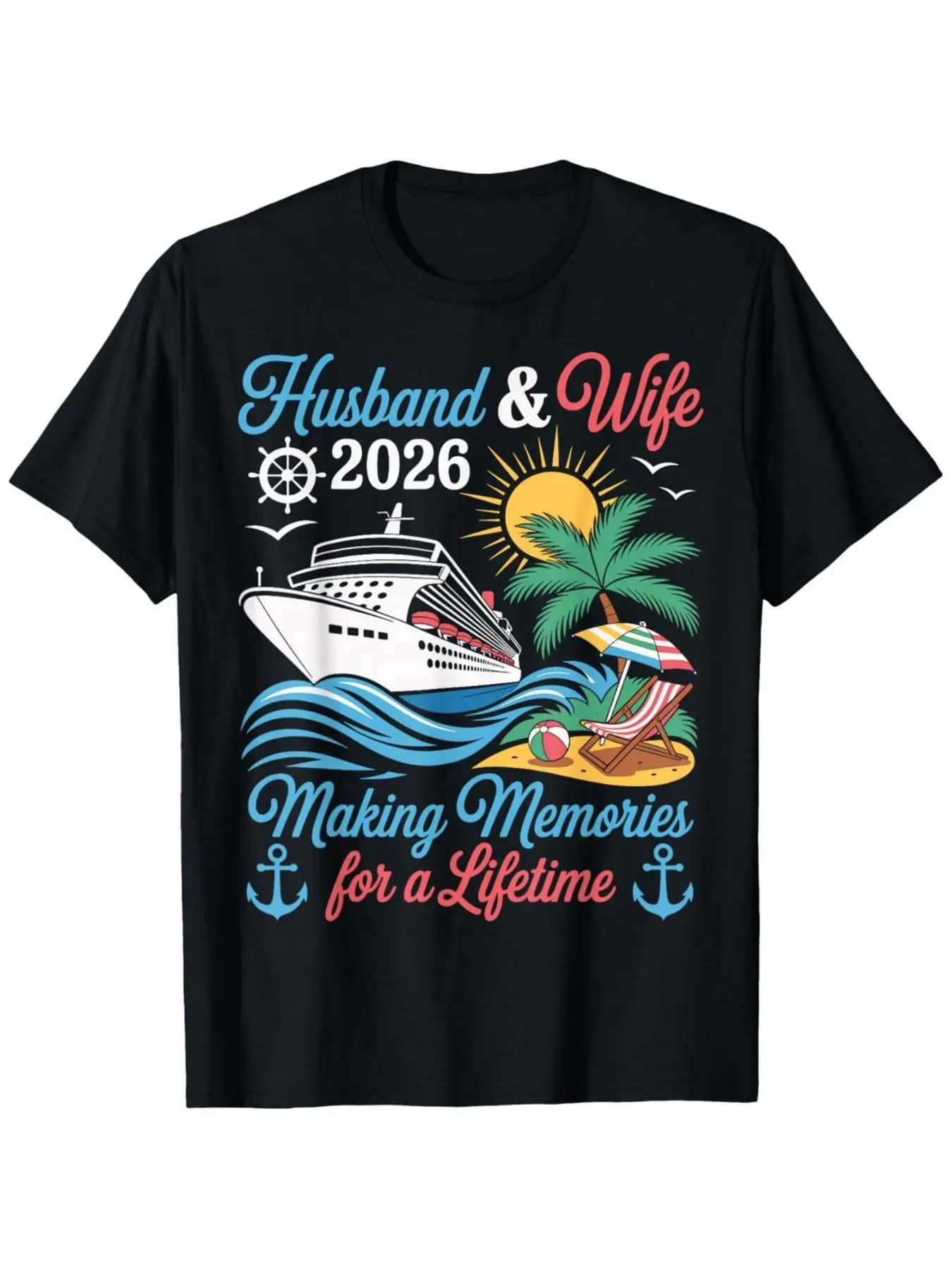 Husband & Wife Matching Couple Cruise 2026 T-Shirts - Comfort Fit Crew Neck Tees with Names/Initials Print - Ultra Soft Breathab