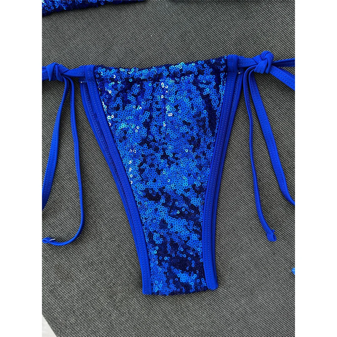 Pailletten-Bikini mit Neckholder, Damen-Badeanzug, zweiteiliges Bikini-Set, hoch geschnittene Beine, gepolsterter Badeanzug, Badebekleidung, Modell V8302. – Detail 18
