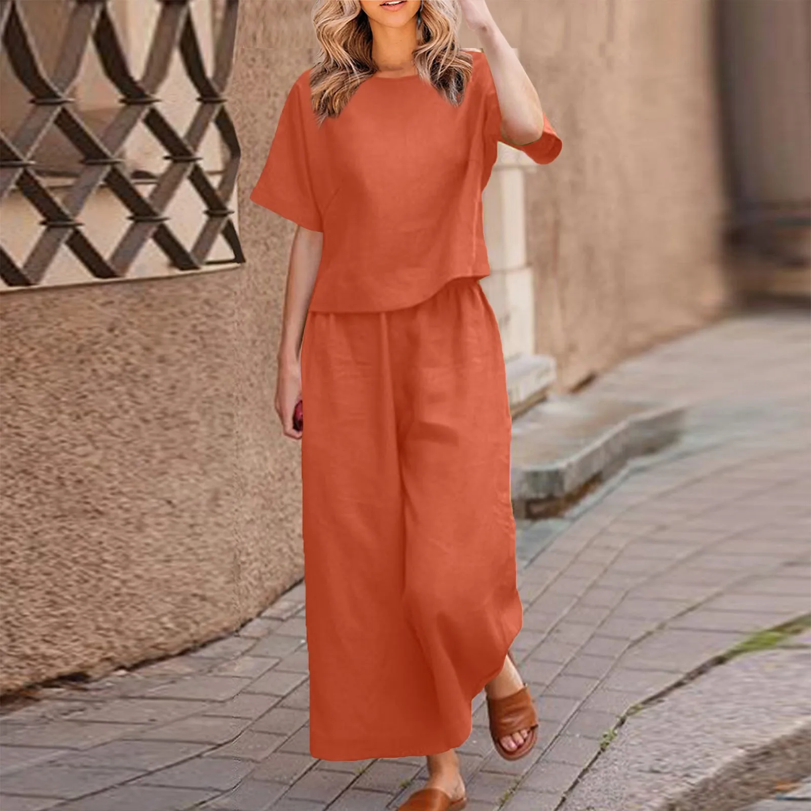 

Women 2 Piece Linen Loose Outfit Sets Cotton Short Sleeve Shirt Wide Leg Trousers Solid Color Pant Loose Fashion Tracksuit