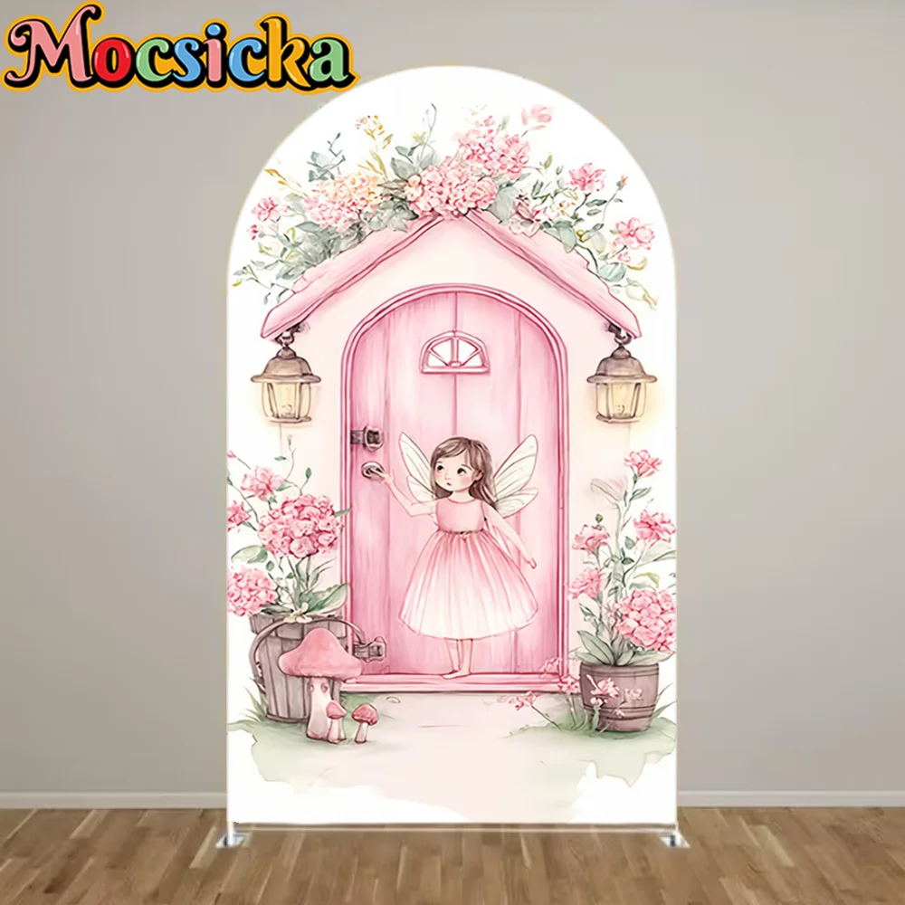 

Mocsicka Fairy Woodhouse Arch Cover Backdrop Girls Birthday Baby Shower Pink Floral Butterfly Arch Background Party Decor