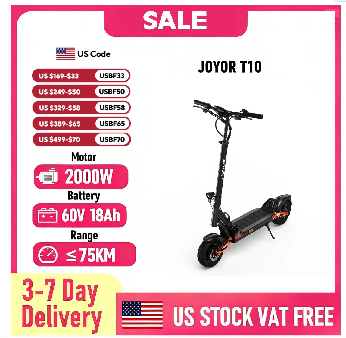 

JOYOR T10 10" Off-Road Electric Scooter 2*1000W Dual Motors 60V 18Ah Battery