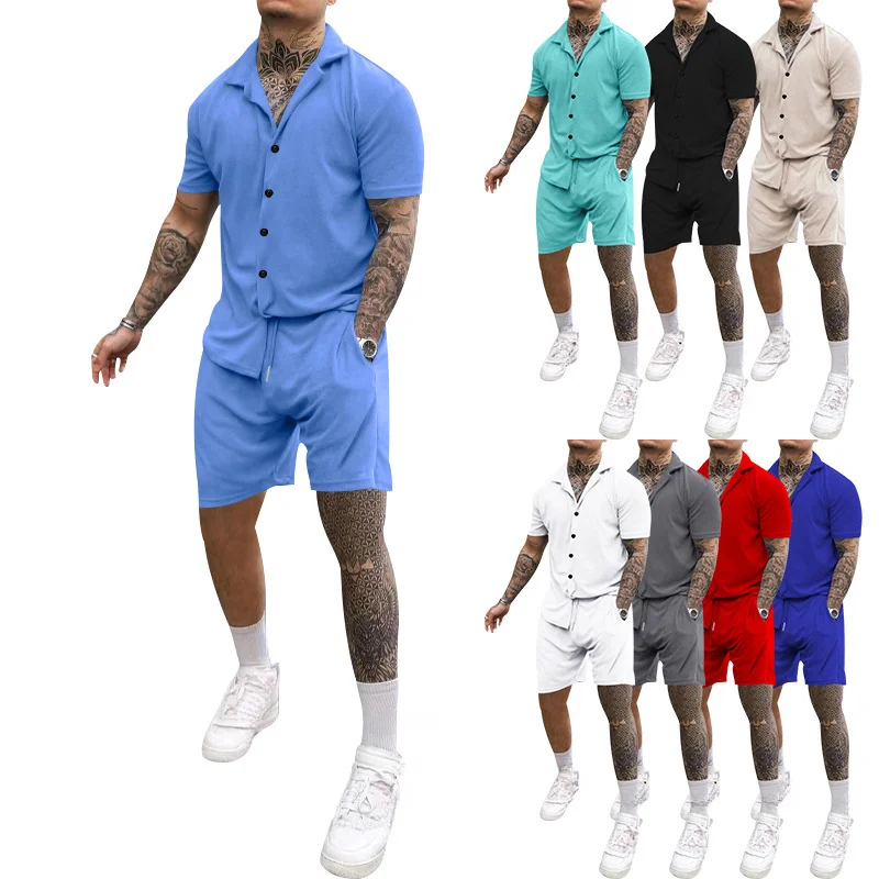 

Men Button Up Short Sleeve Shirt Set Boys White Blue Summer Casual Shorts Set Plus Size Mens Set Polo Shirt 2 piece Set Outfits