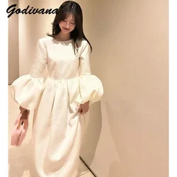 Japanese New Autumn Embossed Bud Sleeves Gorgeous Ladies Dress Elegant Back V-neck Long-sleeved Slim Women's Long Dress