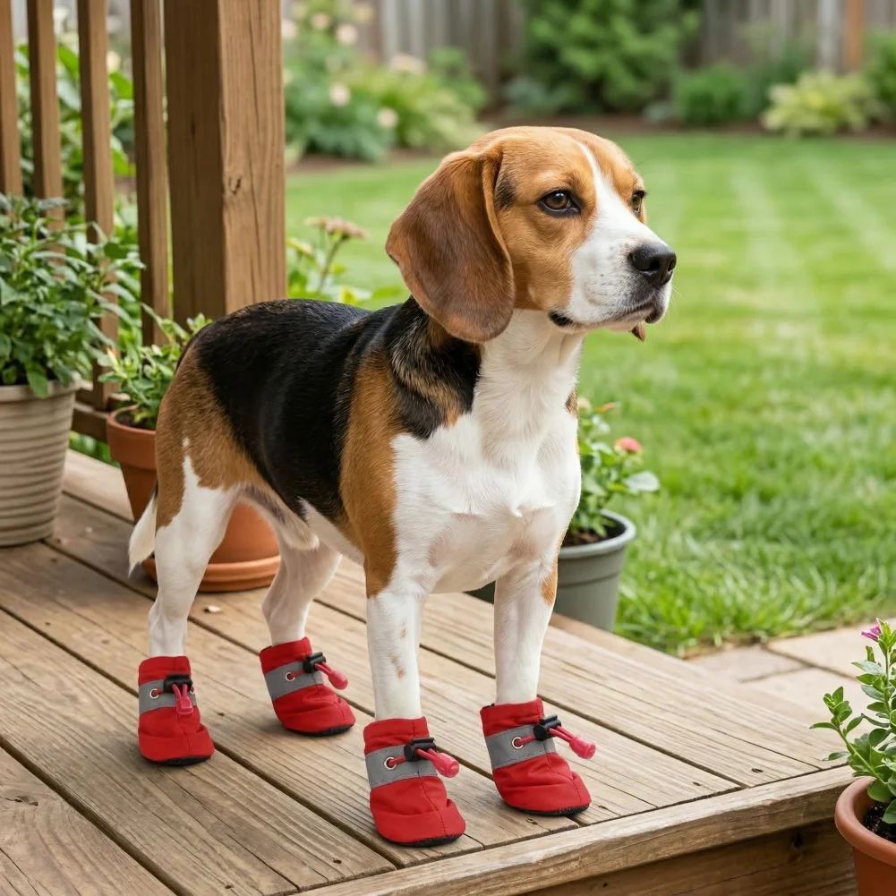 Adjustable Dog Shoes 4pcs Waterproof Dog Shoes with Anti-slip Sole Adjustable Fleece Lined Puppy Boots Warm Paw for Weather