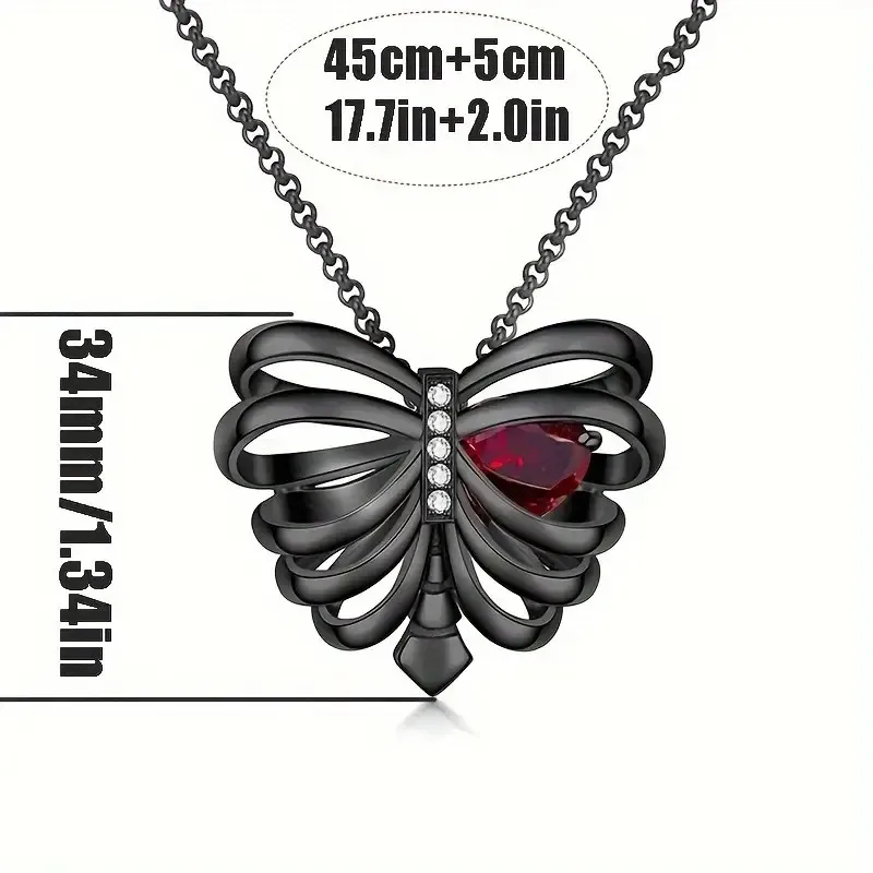 Gothic Black Heart Pendant Necklace with 10mm Red Cubic Zirconia - Vintage Style Copper Fashion Jewelry for Women, Perfect for V