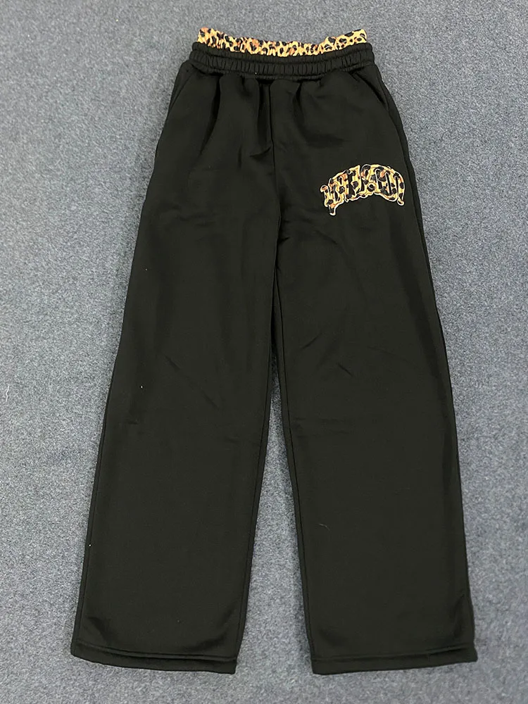 Autumn Winter Leopard Print Camouflage Letter Patchwork Double Waistband Straight Pants Y2K High Street Harajuku Hip Hop Slacks