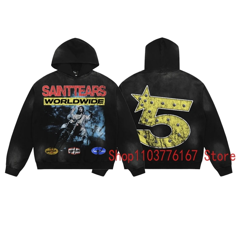 

Europe American Streetwear SAINT Hoodie Classic Cycling Number 5 Print Pullover Men Women Same Loose Saint Pullover