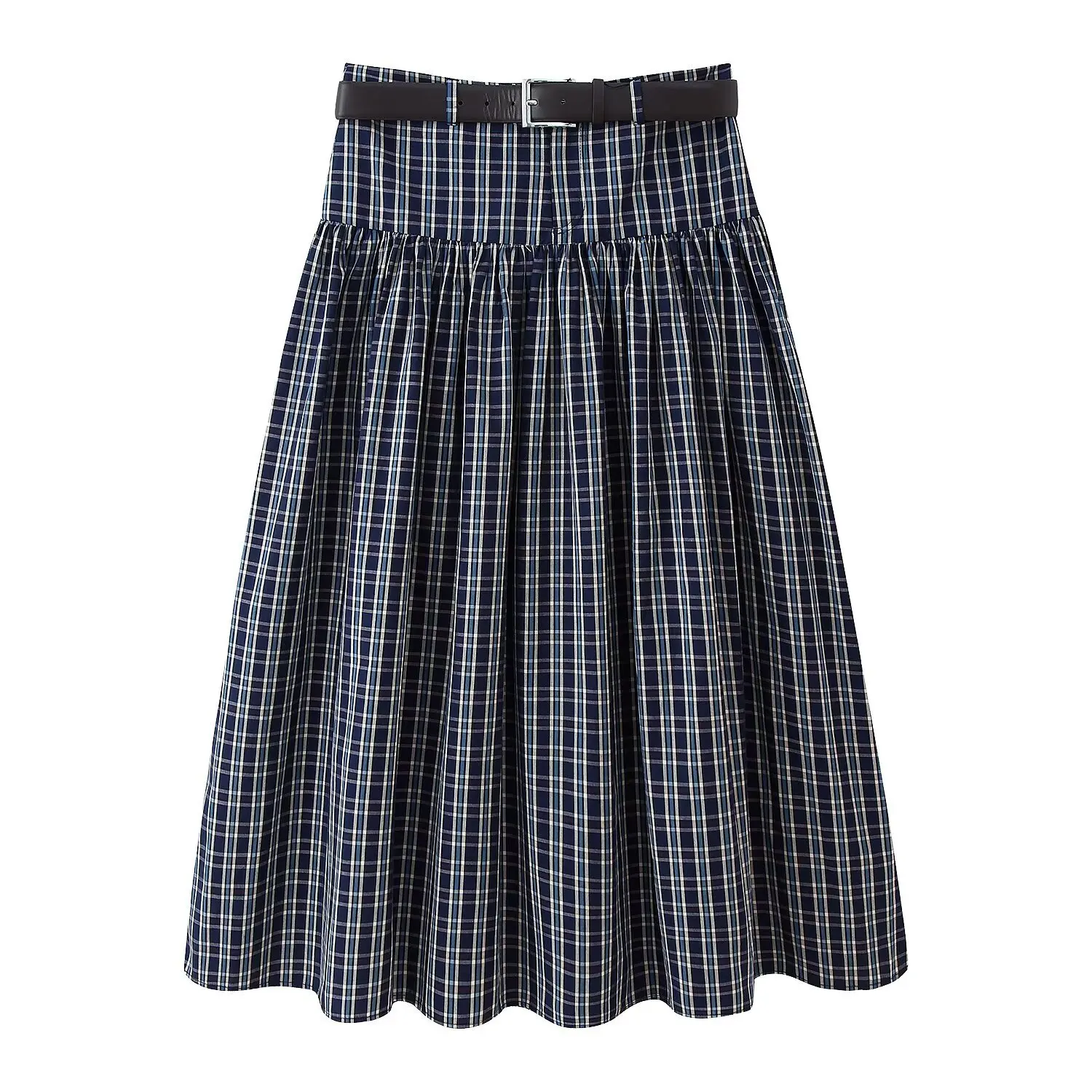 

Women's Fashion Midi Skirt Vintage Style with Belt Checkered Semi-Transparent Dress Autumn Loose Pleated Petticoat