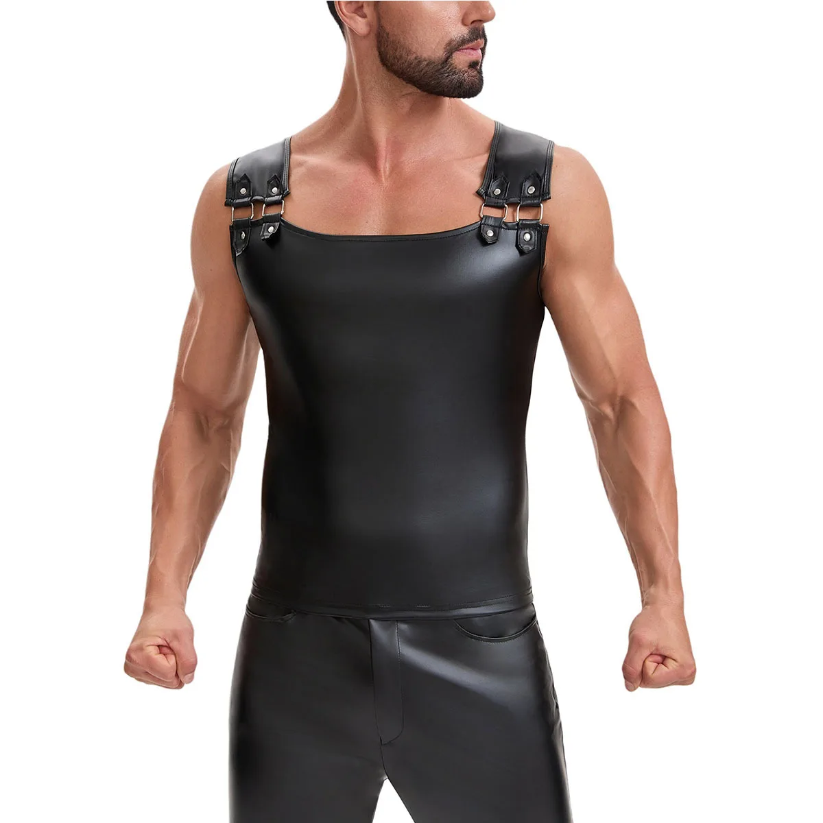 S-7XL Men's Sleeveless Leather Buckle Design Tank Top Casual Solid Color Faux Leather Muscle Vest Undershirt for Bodybuilding