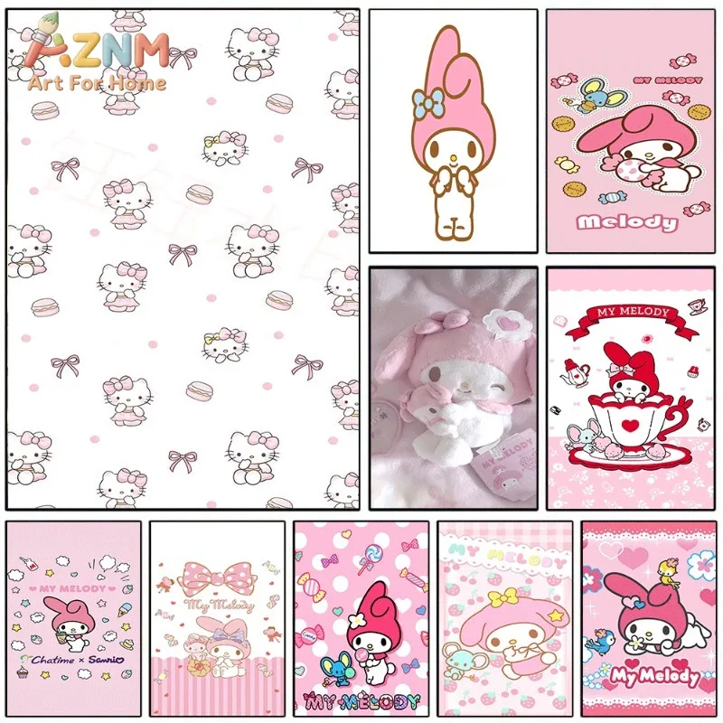 My Melody Hello Kitty Canvas Poster Cute Sanrio Cartoon Print Unframed Canvas Art Pink Bow Cookie Teacup Sweet Kawaii Aesthetic