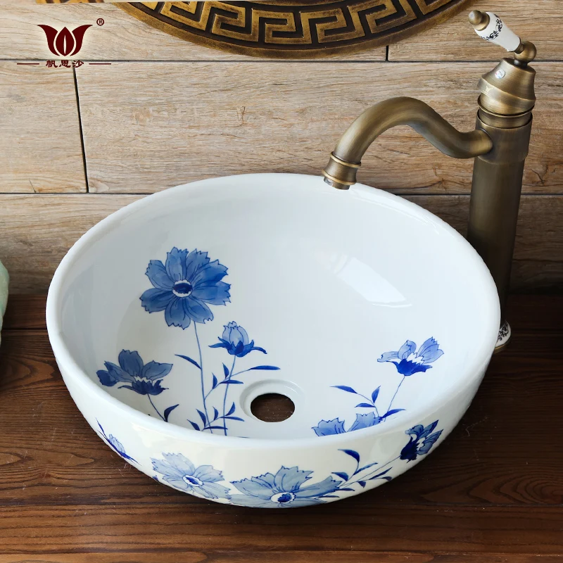 Hand Paint Flower Design Blue And White Porcelain Countertop Wash Basin Vessel Sink For Bathroom Wc