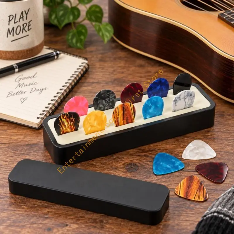 10-Slot Guitar Pick Storage Box with 10 Assorted Color Picks, Plastic Holder for Keeping Picks 55KD