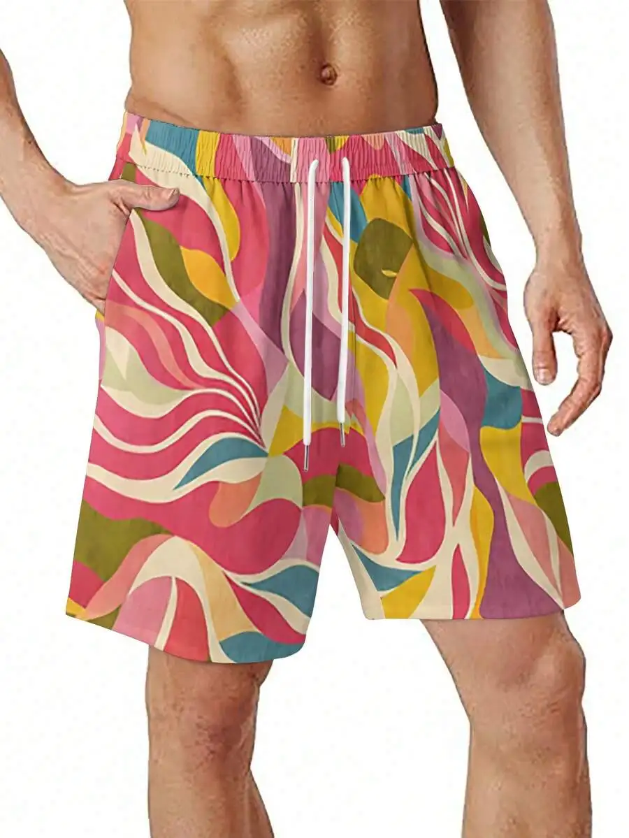 

Mens Summer Beach Shorts With Abstract Wavy Pattern And Color Blocking
