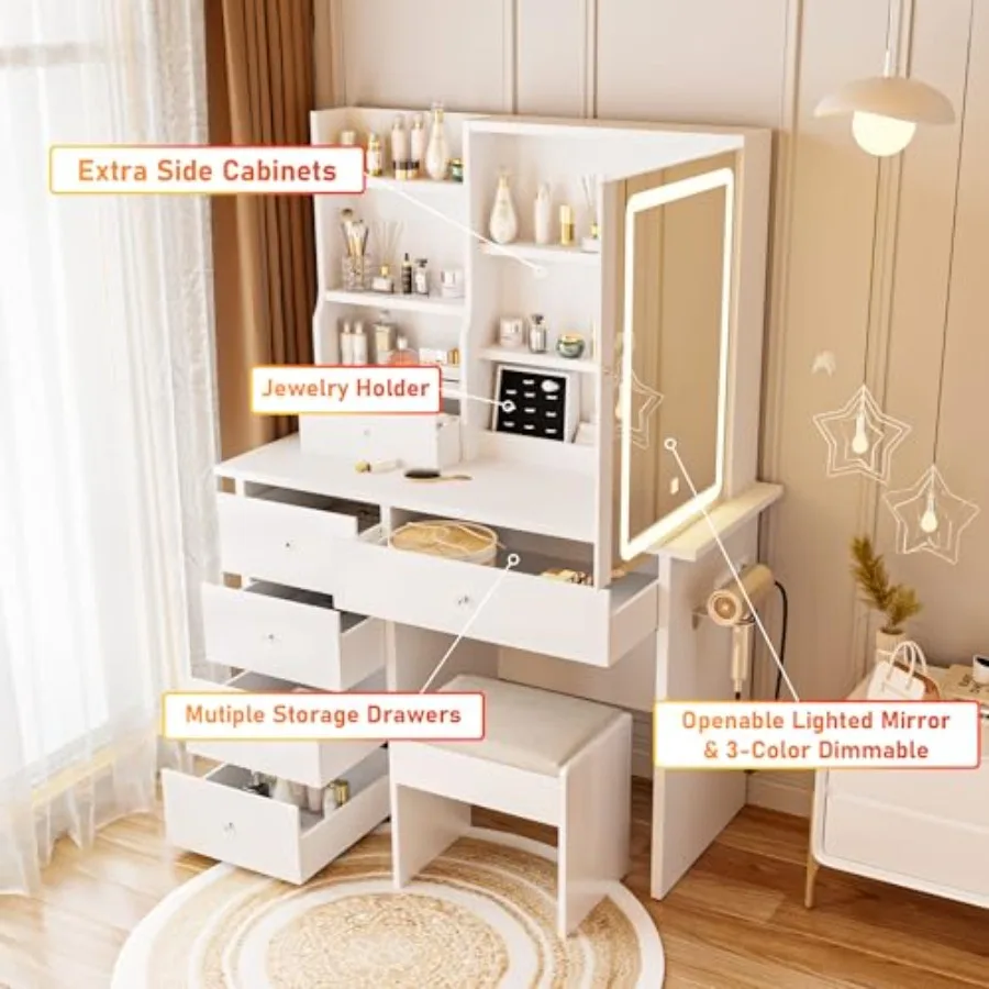 Bedroom vanity desk with mirror and LED lights, MDF wood in white, includes power outlet, jewelry storage, and matching stool