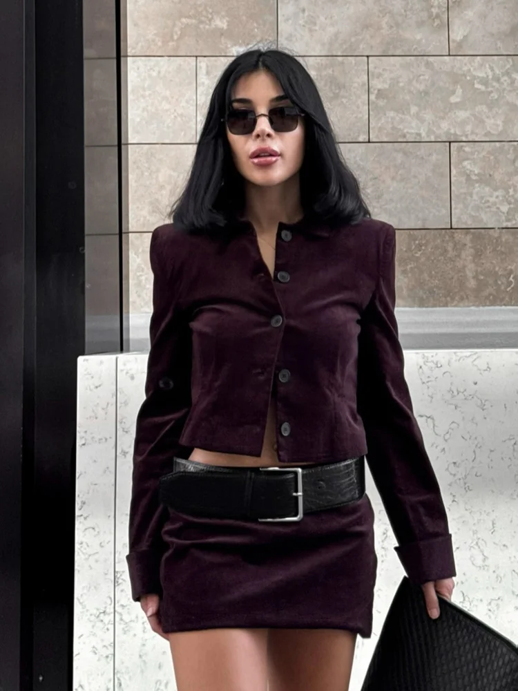 HH TRAF 2024 Woman Set Turn-Down Collar Long Sleeve Single-Breasted Coats+High Waist Belt Zipper Skirts Autumn Suit Woman Trendy