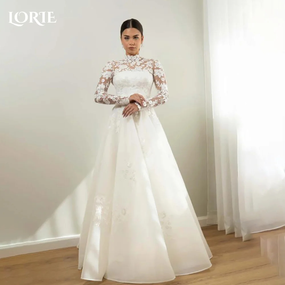 

LORIE Vintage Lace Wedding Dress A-Line Appliques High Collar Flowers Bridal Gown Elegant Princess Applique Bride GownCustomized