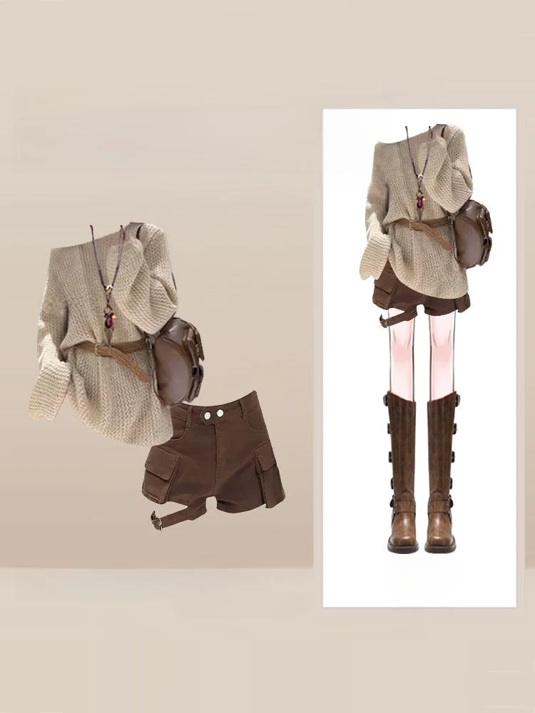 

Ранняя осень Spicy Girl Sle, женский винтажный асимметричный вязаный свитер с запахом, дизайн с высокой талией, комплект из двух предметов