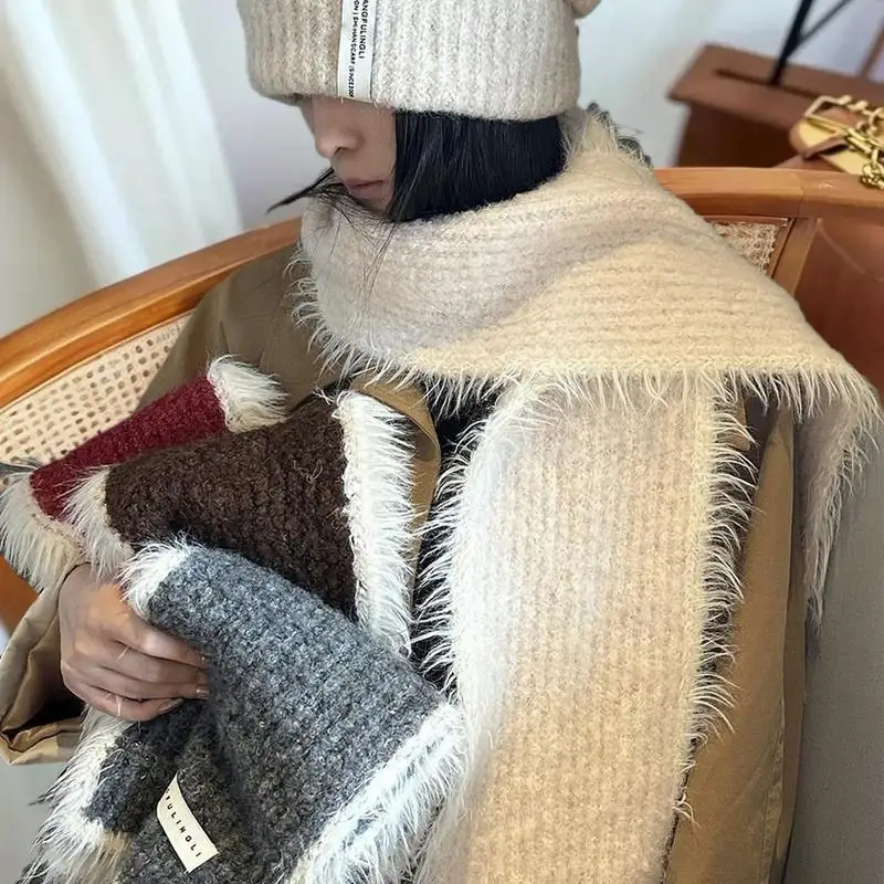 Cachecol de malha de lã espessada para mulheres moda inverno listras verticais cores contrastantes aquecedor de pescoço quente