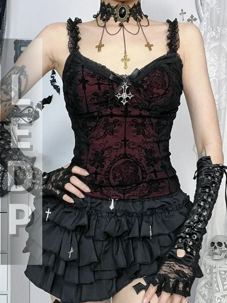 Gothic Dark Flocking Camisole Women Y2k E-girl Vintage Streetwear Sexy Lace Bow Patchwork Corset Crop Tank Tops Female