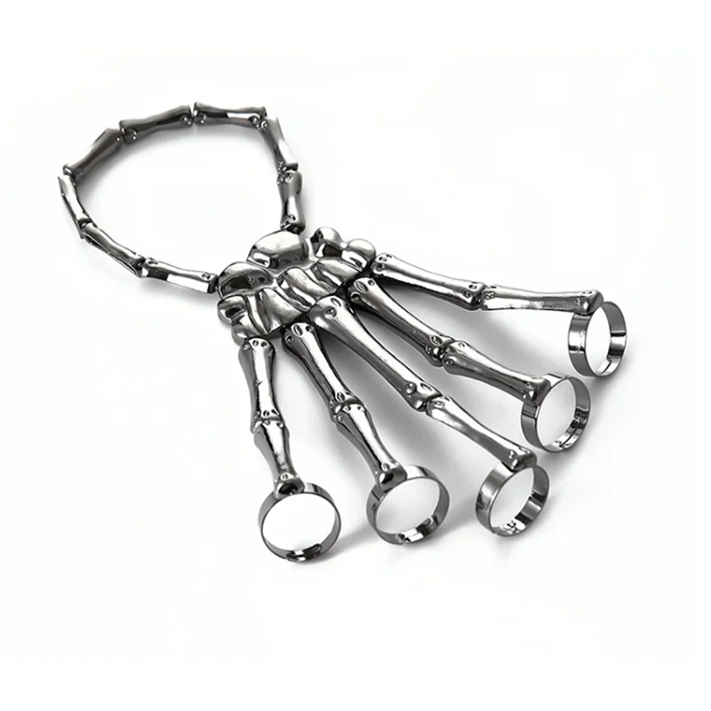 Mode Persoonlijkheid Punk Skeleton Hand Bone Veelzijdige Vijf Vinger Ring Armband Verstelbare Ketting