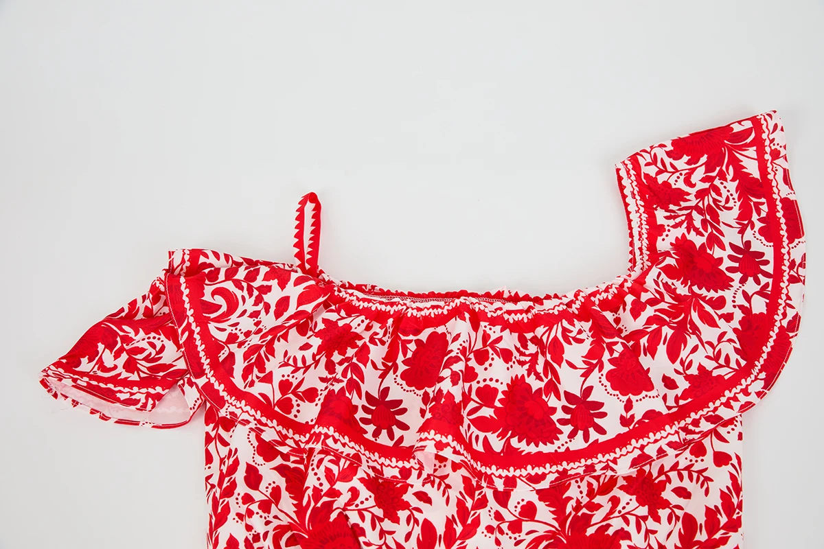 Boho Fashion Rode Print Vakantie Lange Jurk Zomer Mode Dames Sexy Eén Schouder Ruches Elegante Casual Riem Lange Jurk