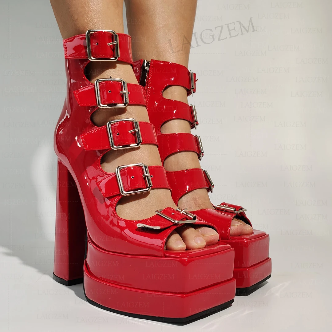 

LAIGZEM Женские туфли-лодочки на платформе с блестящим открытым носком и высоким каблуком Босоножки на молнии с пряжкой и ремешком Женская обувь Женская обувь Большой размер 35 41 45 48