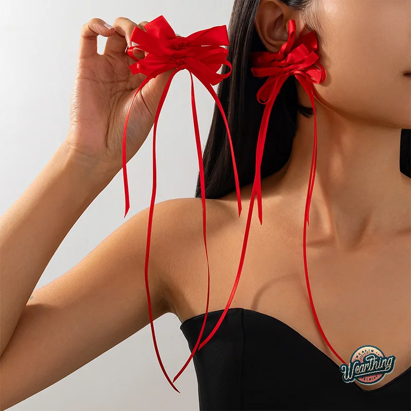 1 Pasang anting gaya balet liontin anting pita busur jatuh panjang anting wanita manis mode panjang busur anting aksesoris