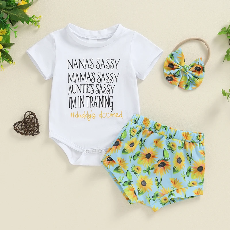 

Summer Baby Girls Clothes Set Short Sleeve Letters Print Romper Flower Shorts with Hairband Outfit