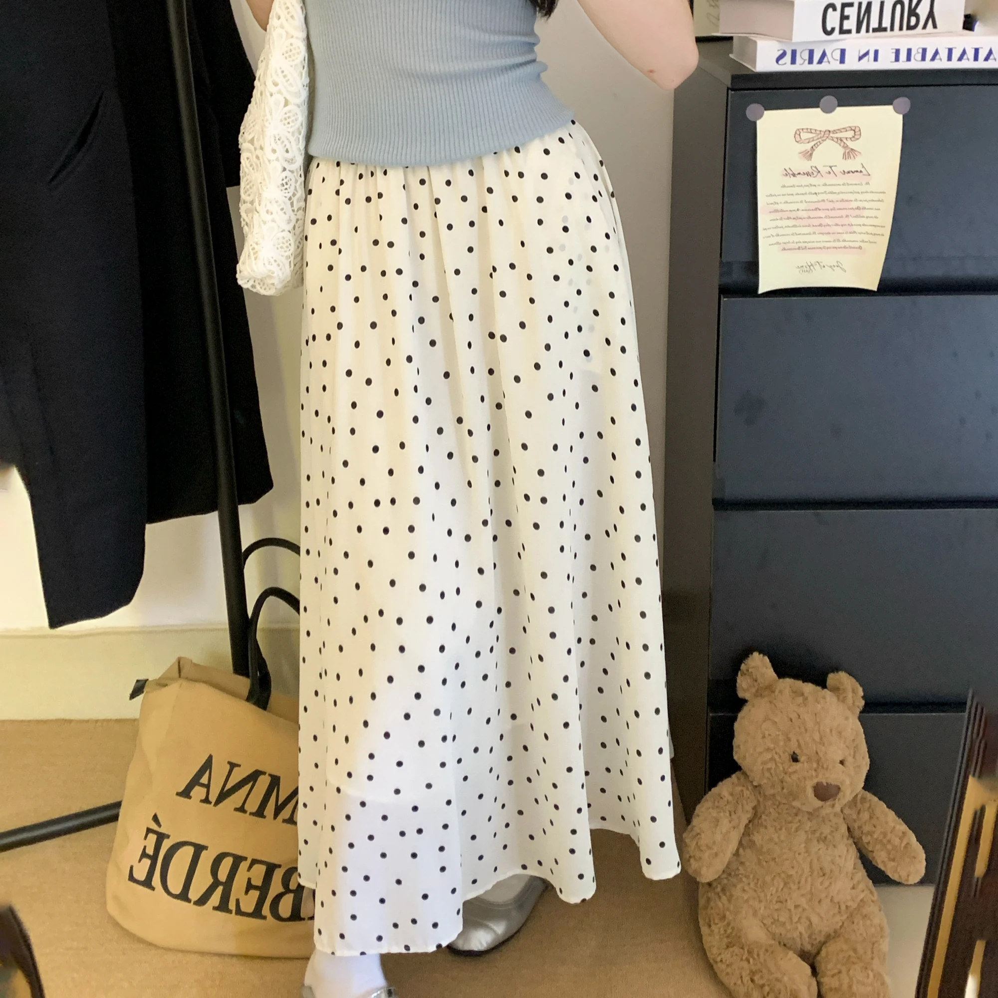 Casual Vintage High Waist Loose Polka Dot Skirts Women Basics Long A-line Pleated Skirt Korean Fashion Beach Holiday Clothing