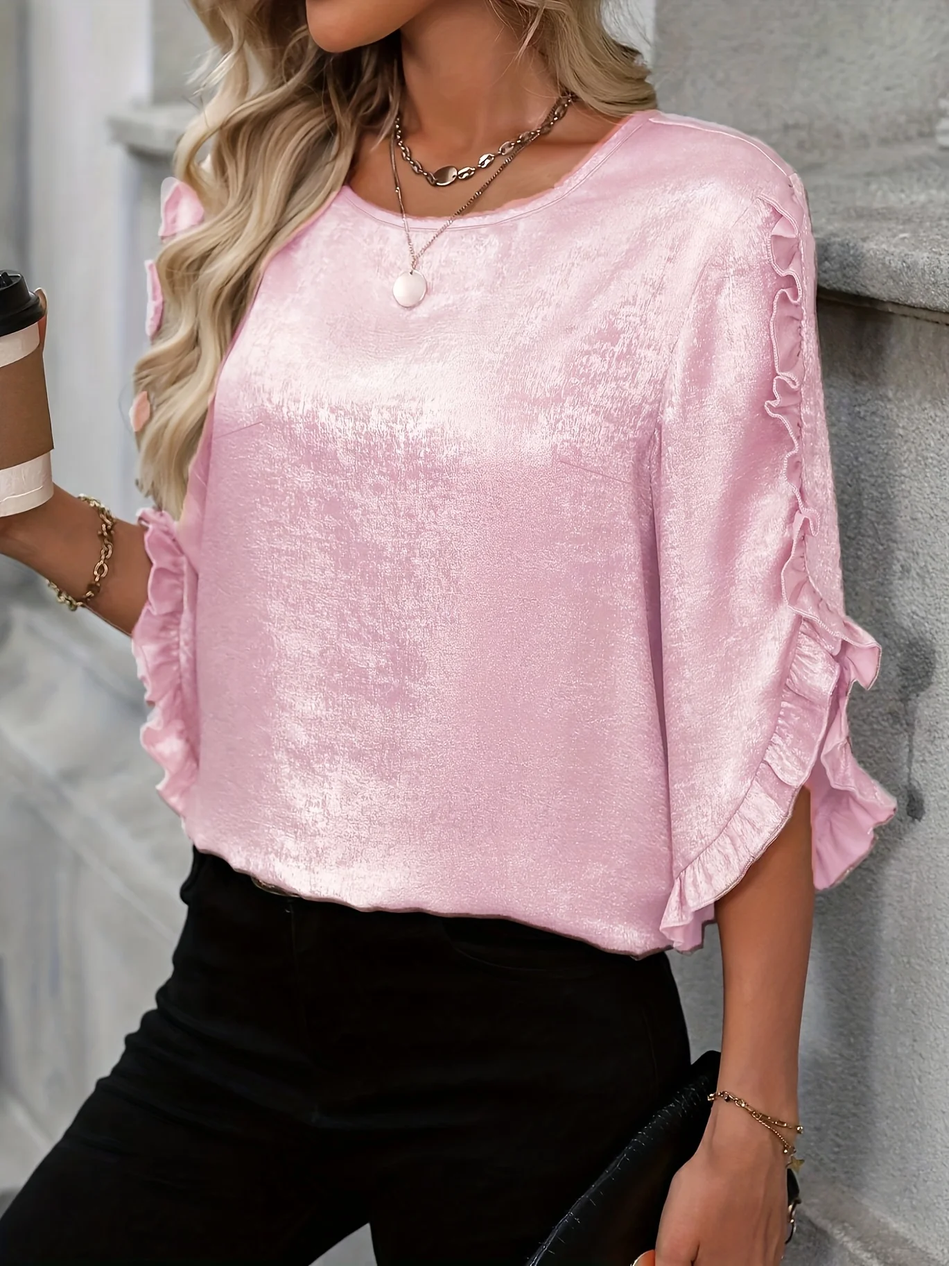 قميص نسائي كاجوال أنيق بلون سادة منسوج كبير