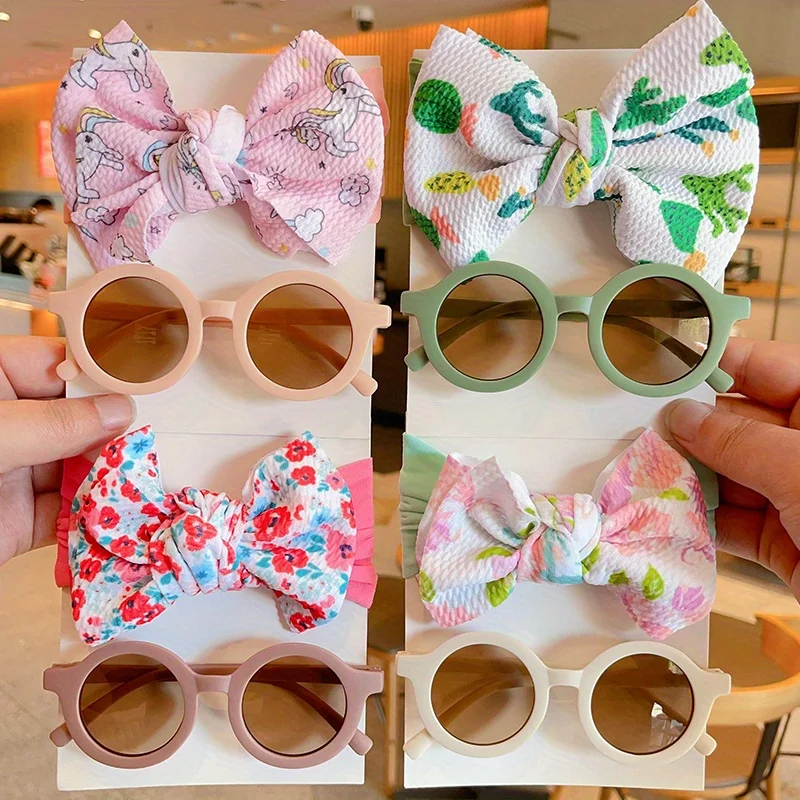2 Pcs/Set New Children Round Sunglasses Set Baby Girls Sunglasses Solid Color Cotton Bowknot Wide Hairband Kids Hair Accessories