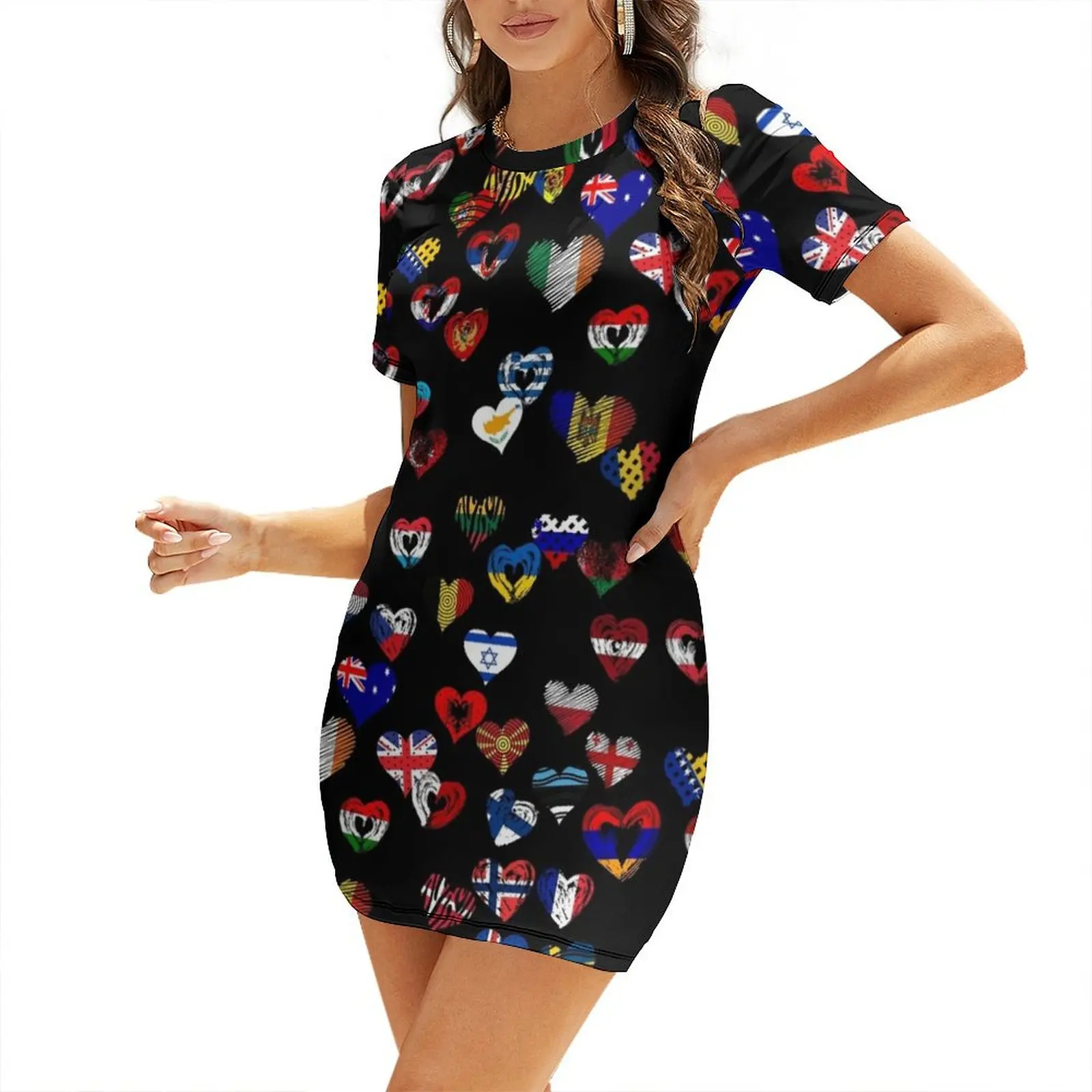 

Eurovision Flags Hearts Short Sleeved Dress african dresses for woman dresses for prom dresses for special events bandage dress