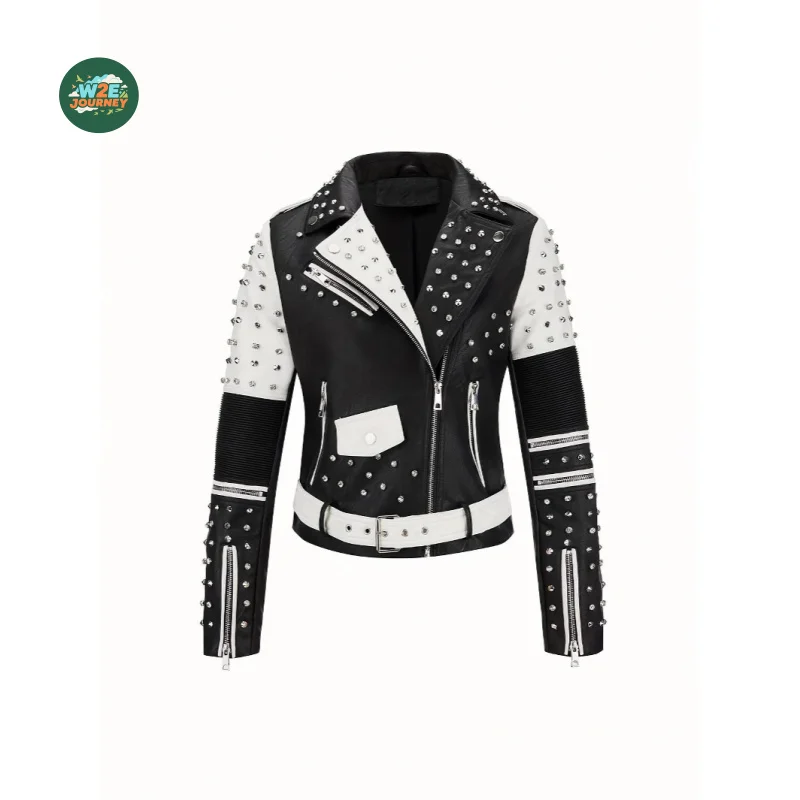 W2EJOURNEY EU US Size Luxury Quality Women PU Leather Jacket Black And White Contrast Rivet Motorcycle Crop Leather Jacket