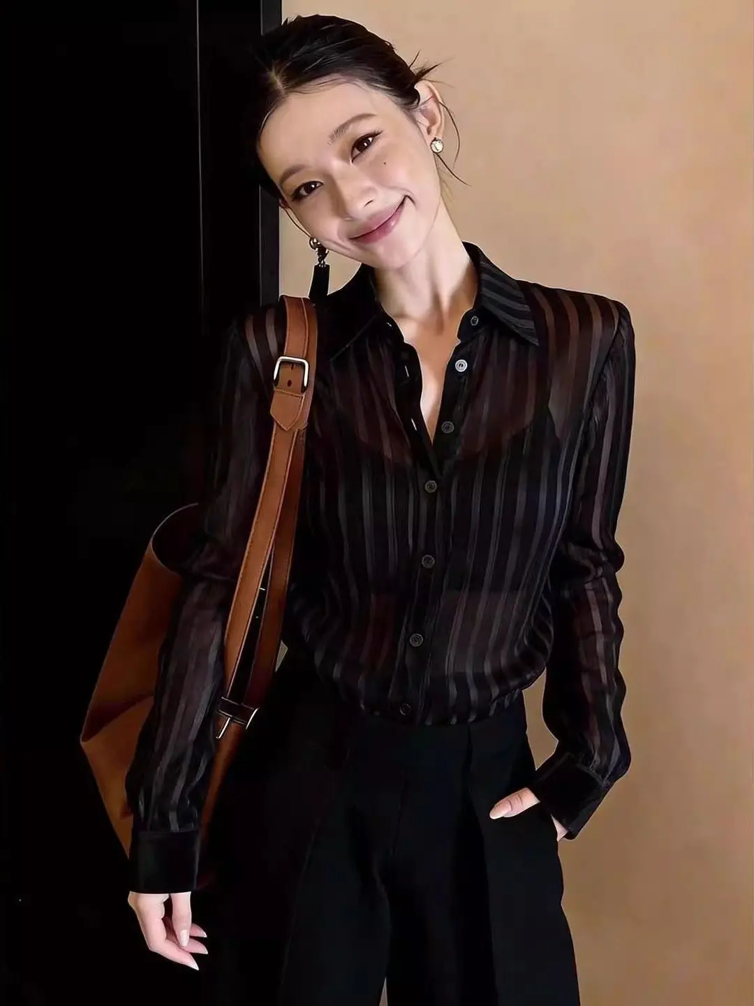 

Black Stripe Chiffon Shirt Draped Lightweight Spring New Design Korean Style Long Sleeve Collar Transparent Women's Blouse