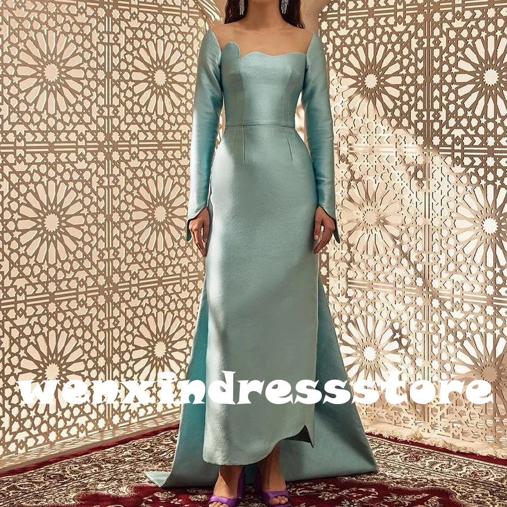 Square Neck Dubai Evening Caftan Dress Straight Long Sleeves Satin Tea Length Pleats Panel Train Zipper Back Quinceanera Gowns