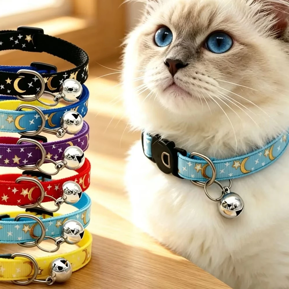 Cute Cartoon Star Moon Cat Collar with Bell Adjustable Safety Pet Collar for Kitten Puppy Daily Wear Birthday Gift Decor