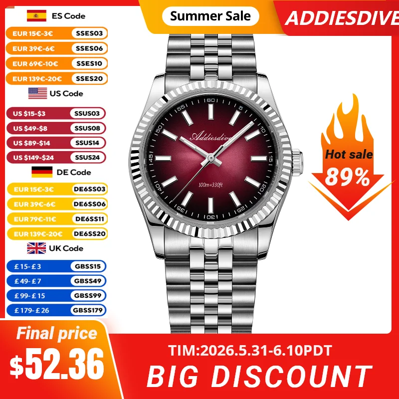 

ADDIESDIVE New Men's Watch AD2073 Sapphire Glass 36mm VH31 Sunburst Quartz Watches 10Bar Waterproof Diving Luminous Wristwatch