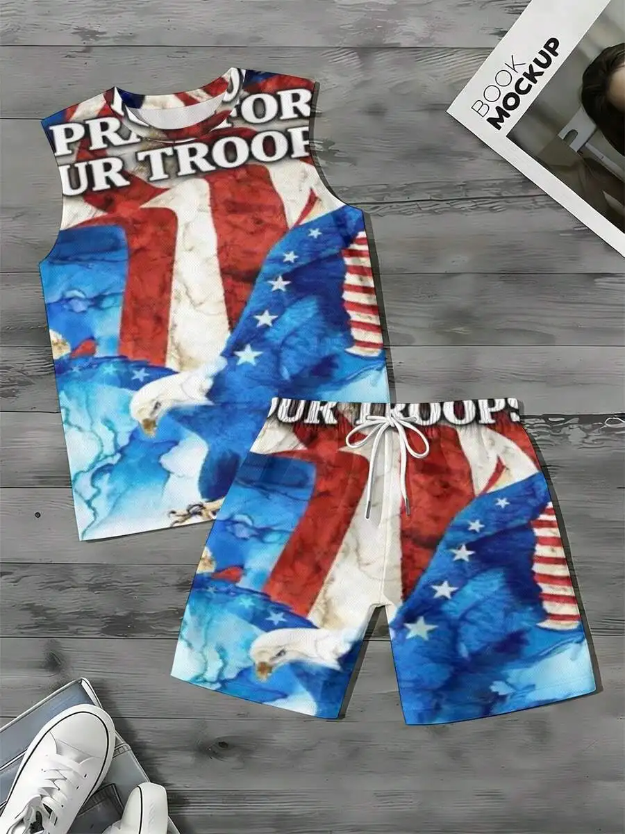 American Flag Eagle Design 2026 European & American Spring Summer Autumn New Style Men's Tank Top And Beach Shorts Set view 2