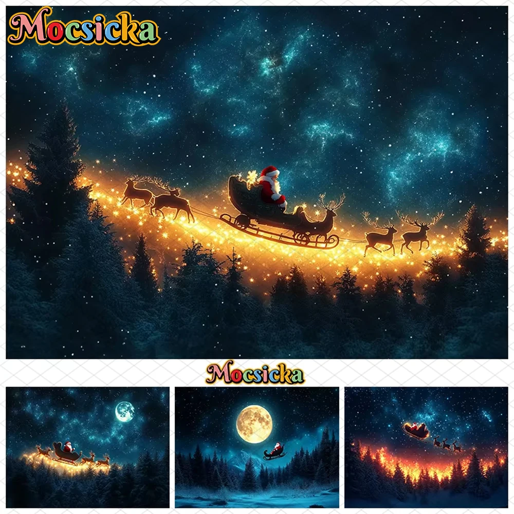 

Mocsicka Christmas Photography Background Night Starry Sky Moon Forest Tree Decoration Santa Claus Children Party Photo Backdrop