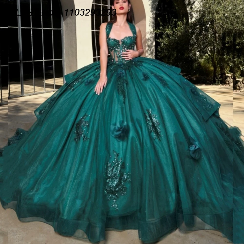 

EVLAST блестящее темно-зеленое бальное платье на заказ, платье Quinceanera, кружевная аппликация, корсет с бисером, Sweet 16, Vestidos De 15 Anos E1QN20