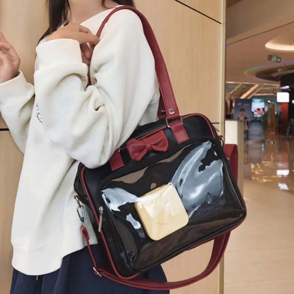 

Double Handle Leather Clear Ita Bag Mesh Layer Smooth Zipper JK Uniform Tote Compact Size Anti-splash Water Badge Display Purse