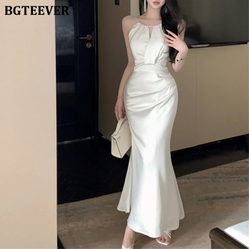 

BGTEEVER Fashion Ladies Halter Bodycon Package Hip Dress Elegant Slim Waist Women Sleeveless Mermaid Satin Dress Summer
