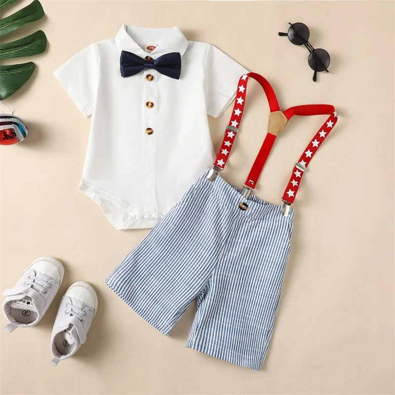 

2023-04-04 Lioraitiin 0-24M Baby Boys Gentleman Outfit Independence Day Short Sleeve Jumpsuit Star Striped Suspender Shorts