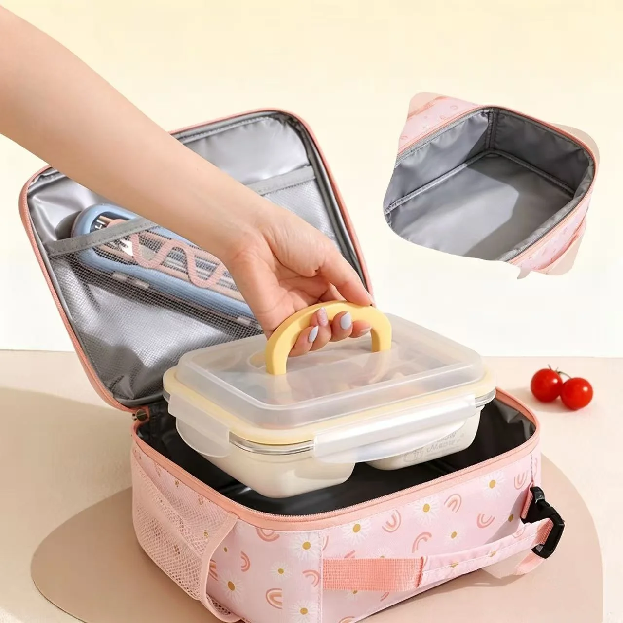 Isolierte Cartoon-Lunchbox für Kinder, niedliche bedruckte Lebensmittel-Handtasche, tragbare Thermo-Lunch-Tasche, Frischhalte-Tasche für Schüler – Detail 2