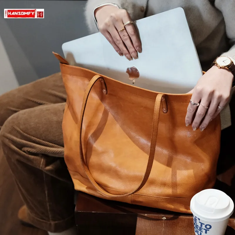 

Soft Leather Women's Handbags Zipper Tote Bag Can Put 14 Inch Laptop Large Capacity Niche Retro Texture Commute Shoulder Bags