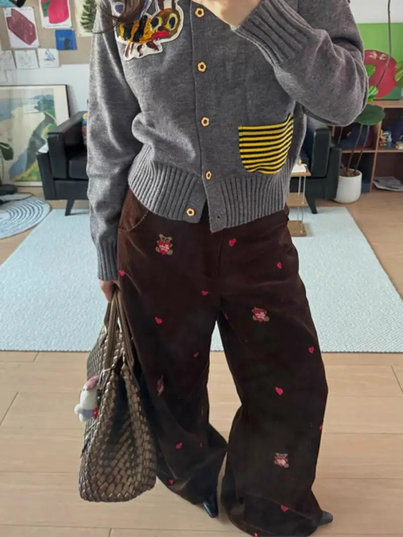 Retro American High Street Embroidered Love Bear Corduroy Wide Leg Pants Women's Autumn Casual Loose Versatile Loose Leg Pants