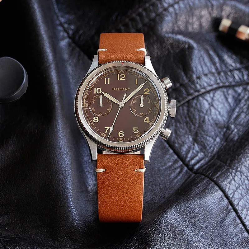 Retro Military Style Quartz Chronograph Baltany S5054 Leather Strap 6S21 Movement Sapphire Glass 5ATM Multifunction Watches